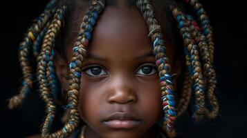 ai generado retrato de joven niña con trenzado pelo y intenso mirada foto