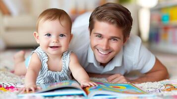 ai generado sonriente joven padre y bebé jugando con un vistoso libro a hogar foto