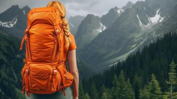 AI generated Solo Hiker Overlooking Mountainous Terrain at Dusk photo
