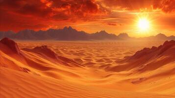 AI generated Breathtaking sunset over golden desert dunes with dramatic sky photo