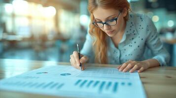 AI generated Focused Businesswoman Analyzing Charts at Office Desk photo