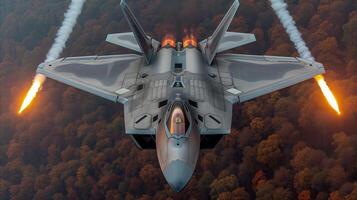 AI generated Advanced fighter jet performing maneuvers above autumn forest photo