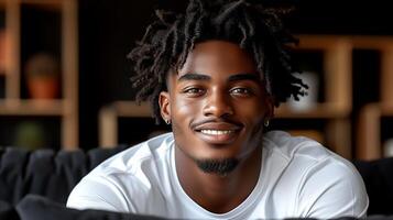 AI generated Smiling Young Man With Dreadlocks in a White Tee Indoors photo