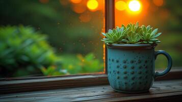 AI generated Tranquil sunset scene with succulent plant on a window sill photo