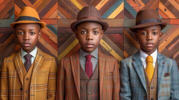 ai generado Tres Niños en Clásico atuendo posando en contra de madera fondo foto