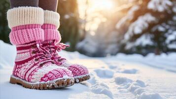 ai generado acogedor de punto invierno botas en Fresco nieve, calentar calzado en frío temporada foto