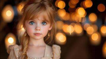 AI generated Portrait of a beautiful child with sparkling eyes and festive lights photo