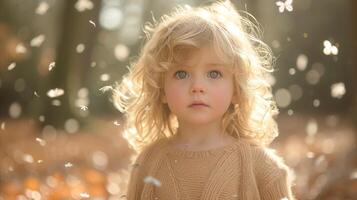 AI generated Curious Toddler in Sunlit Autumn Forest photo