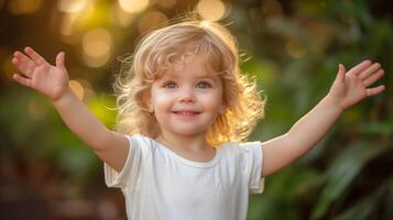 AI generated Adorable toddler with arms raised in joyful expression outdoors photo