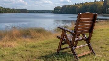 ai generado de madera silla en césped por lago foto