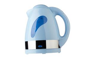 Blue kettle on white photo