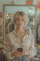 AI generated Woman with short blond hair, about 25 years old. Taking a selfie, holding a smartphone in a large mirror in a clothing store photo