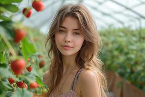 AI generated Young woman with long hair in a greenhouse with strawberries photo