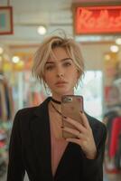 AI generated Woman with short blond hair, about 25 years old. Taking a selfie, holding a smartphone in a large mirror in a clothing store photo