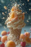 AI generated peach slices falling on a double scoop of strawbarries cone icecream photo