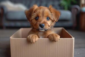 ai generado un abierto caja con un linda perrito echar un vistazo afuera. clásico vivo habitación interior en el antecedentes foto