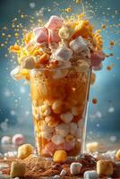AI generated creative cocoa of different colors in glass with marshmallows with different splashes in dynamics on a blue simple background photo