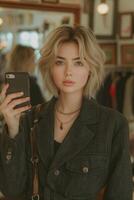 AI generated Woman with short blond hair, about 25 years old. Taking a selfie, holding a smartphone in a large mirror in a clothing store photo