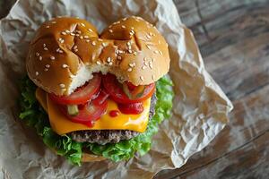 AI generated Homemade heart shaped hamburger with beef, tomato and lettuce on wooden background photo