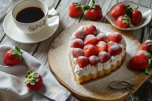 AI generated Heart shaped sponge cake with strawberry and cup of coffee photo