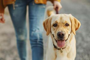 AI generated cute dog on a plain background wants to walk with young woman photo