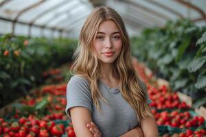 AI generated Young woman with long hair in a greenhouse with strawberries photo