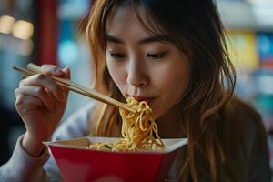 ai generado joven mujer comiendo chino tallarines desde un caja foto