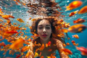 AI generated Beautiful woman with long black hair swimming in the red sea with colorful fish and corals photo