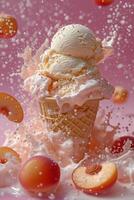 AI generated peach slices falling on a double scoop of strawbarries cone icecream photo