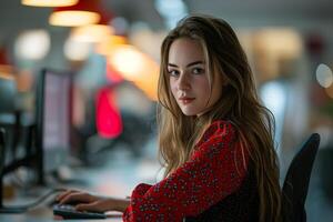 AI generated Young woman working in the office with computer photo