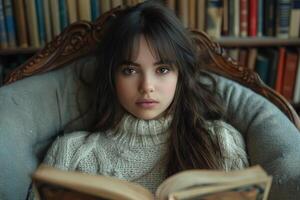 ai generado adolescente niña descansa cómodamente en un sillón, absorto en un cautivador libro foto