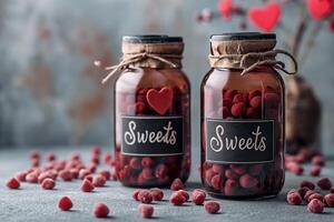 AI generated Bottles with text Sweets with candies inside, Valentines Day theme photo