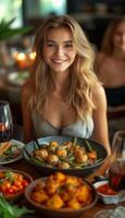 ai generado vegetariano deleite joven mujer disfrutando comida a brillante mesa foto