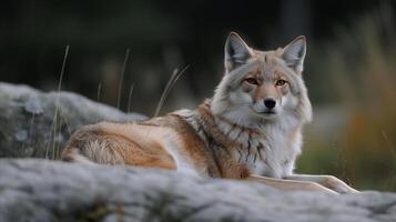 ai generado coyote descansando en un rock a oscuridad foto