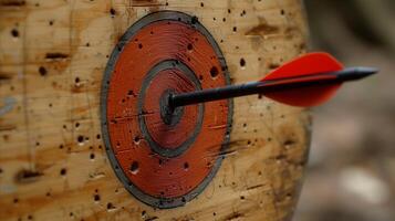 AI generated Close-up of arrow in bullseye on dartboard, symbolizing precision and success photo