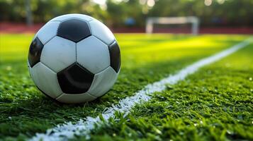 ai generado fútbol pelota en lozano verde campo foto