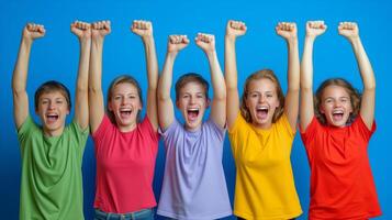 ai generado grupo de alegre niños celebrando éxito con elevado brazos foto