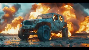 AI generated Explosive off-road adventure with rugged jeep in fiery explosion photo