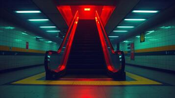 ai generado futurista subterraneo estación escalera mecánica a noche foto