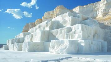 AI generated Stacked white marble blocks in quarry under blue sky photo