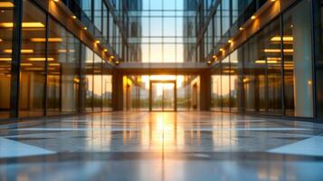 AI generated Modern office building lobby at sunset with warm lighting photo