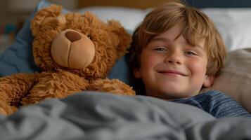 AI generated Happy boy cuddling with teddy bear in cozy bedroom setting photo