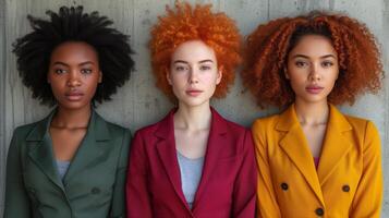 AI generated Three Young Women in Colorful Blazers Against a Gray Background photo