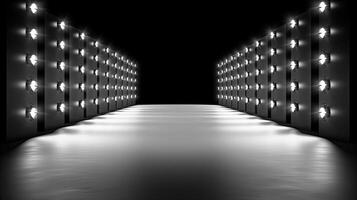 AI generated Illuminated Pathway With Symmetrical Wall Lights in Darkness photo