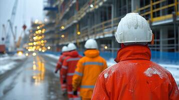 AI generated Construction Workers on Site During Winter Evening photo