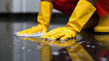 ai generado persona en amarillo guantes y botas limpieza un inundado piso foto