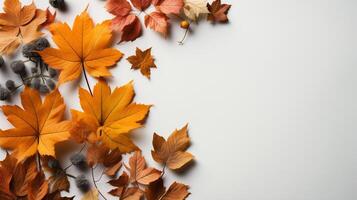 ai generado otoño hojas y un sábana de pergamino papel en un blanco antecedentes desde arriba. con espacio para texto. mínimo acción de gracias y Víspera de Todos los Santos estacional diseño Arte. foto