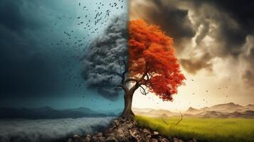 ai generado clima cambio concepto. arboles en caliente y frío clima, en el estilo de apocalíptico collage, ambiental conciencia, crudo versus finalizado, contrastando equilibrar foto