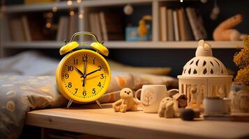 AI generated close up photo Children's desk with reading book, pencil, alarm clock with copy space