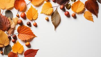 AI generated Autumn leaves and a sheet of parchment paper on a white background from above. With space for text. Minimal Thanksgiving and Halloween Seasonal Design Art. photo